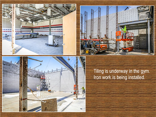 Three photos of tiling underway in the gym. Iron work is being installed.